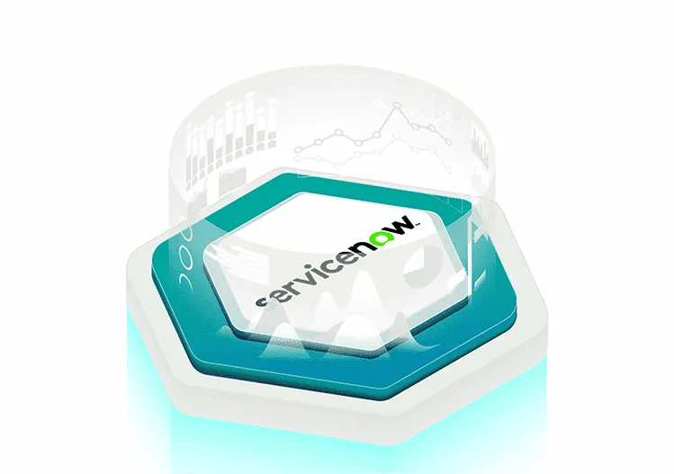 Stylized logo of ServiceNow with data graphics in the background.