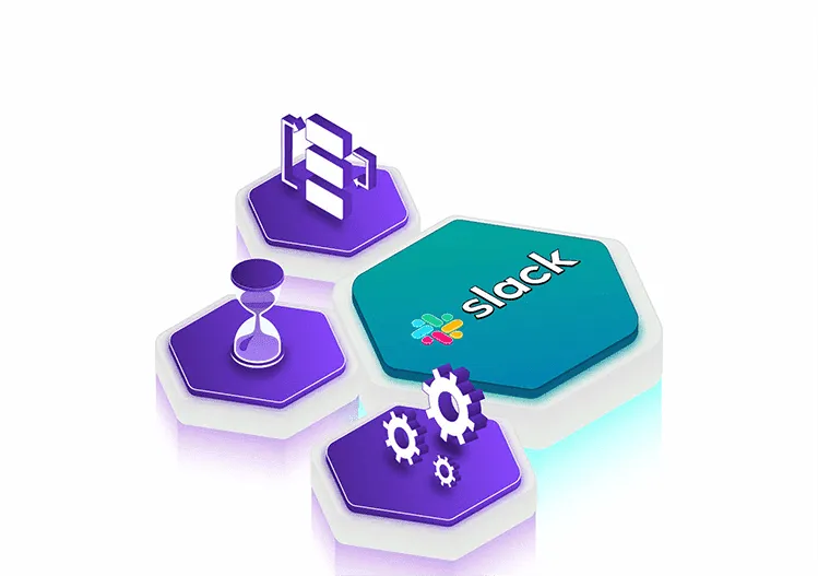 Icons representing productivity tools, featuring Slack logo on a hexagonal background.
