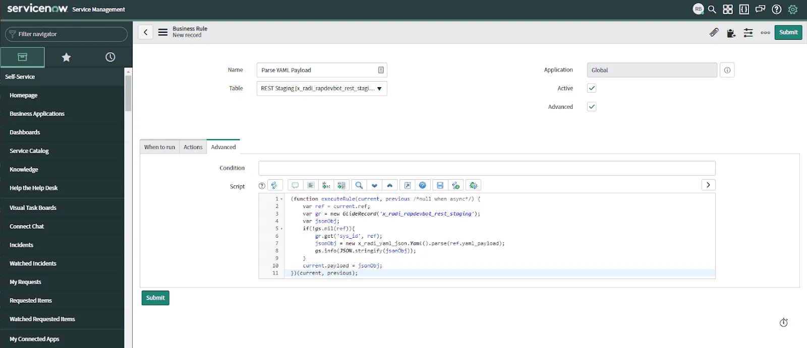 ServiceNow interface displaying a business rule configuration with a YAML parsing script.