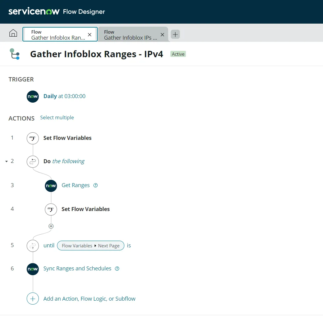 ServiceNow Flow Designer interface showing actions for gathering Infoblox IP ranges.