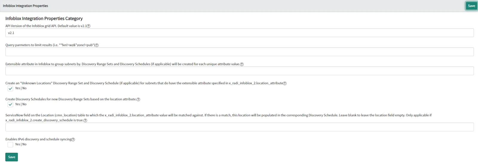 Infoblox integration properties settings interface with configuration options displayed.