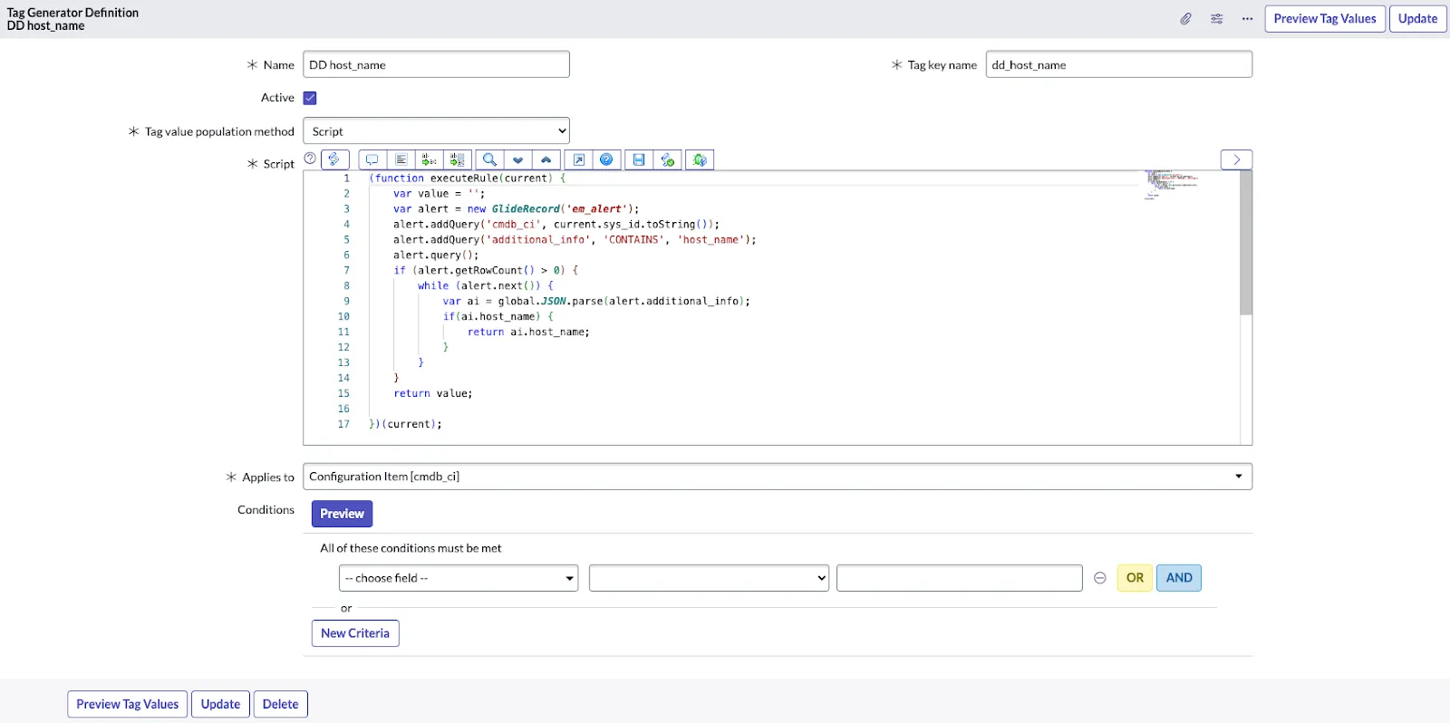 Script editor interface for defining a tag generator in a software application.