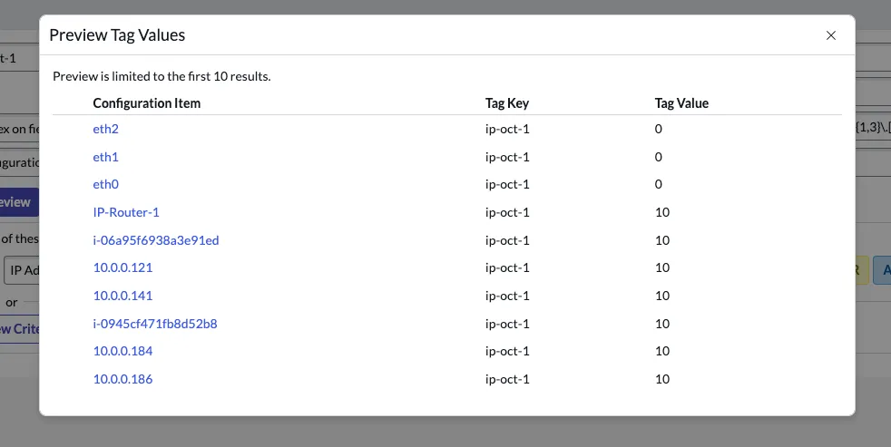 Configuration item list with corresponding tag keys and values displayed in a preview window.
