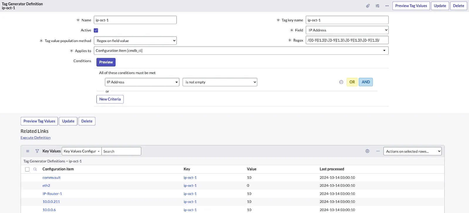 Interface for configuring a tag generator definition related to IP addresses.