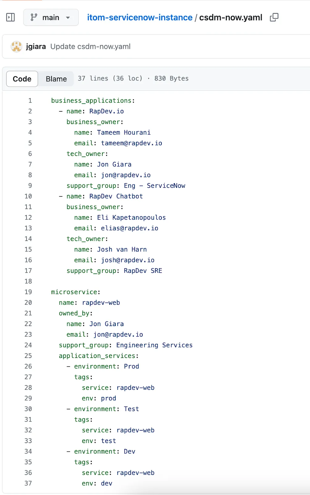 YAML code snippet detailing business applications and microservices ownership and support groups.