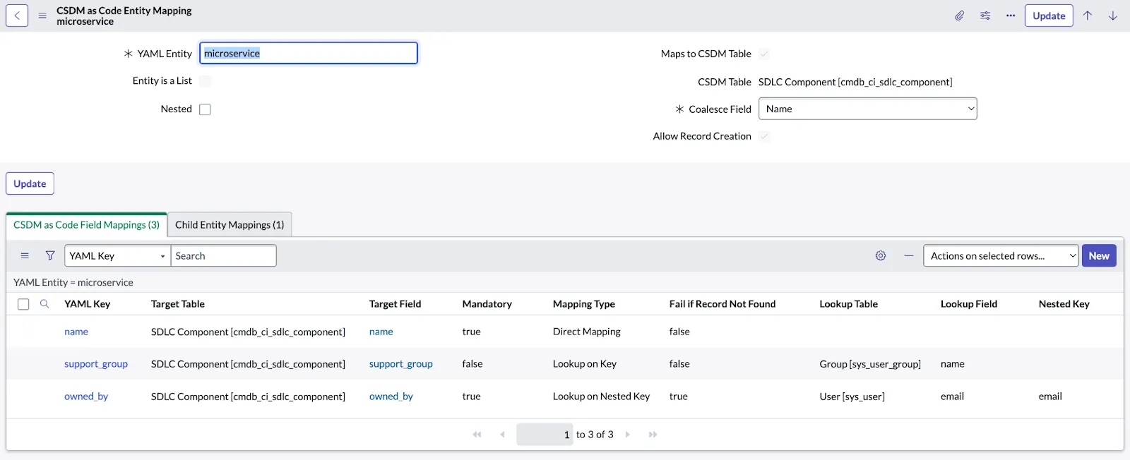 CSDM entity mapping interface for microservices with field details displayed.