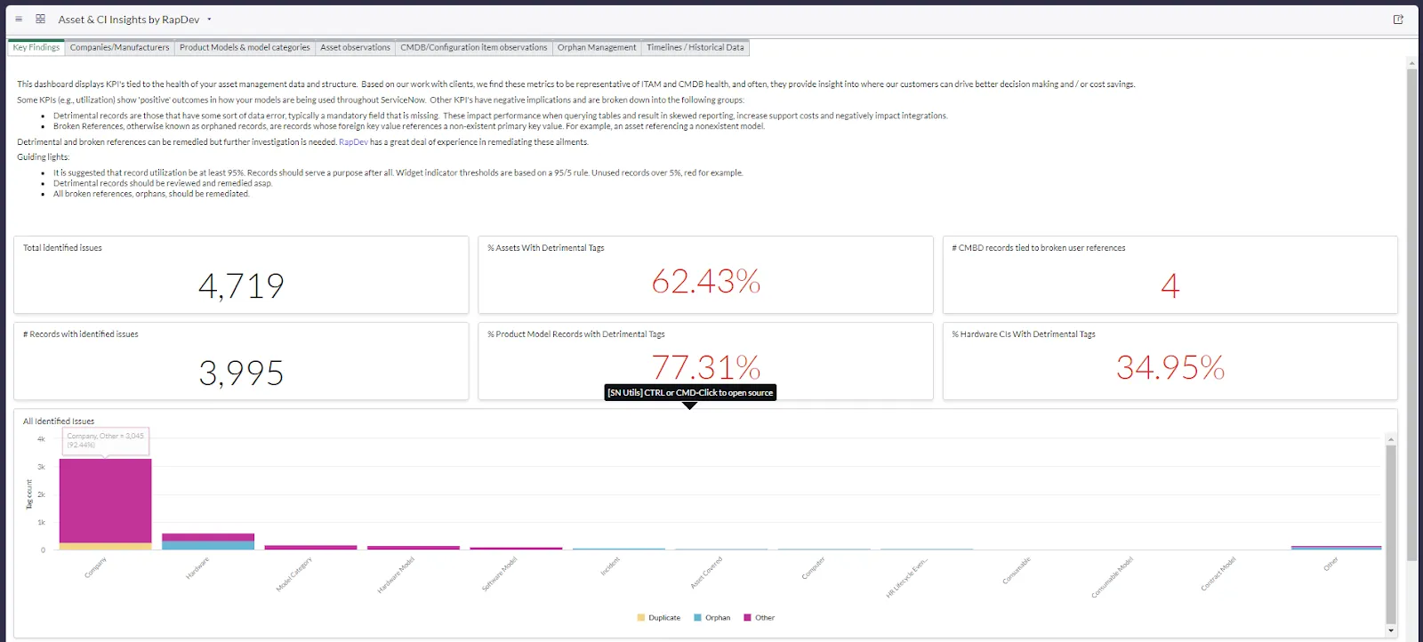 Dashboard displaying key asset management metrics and identified issues.