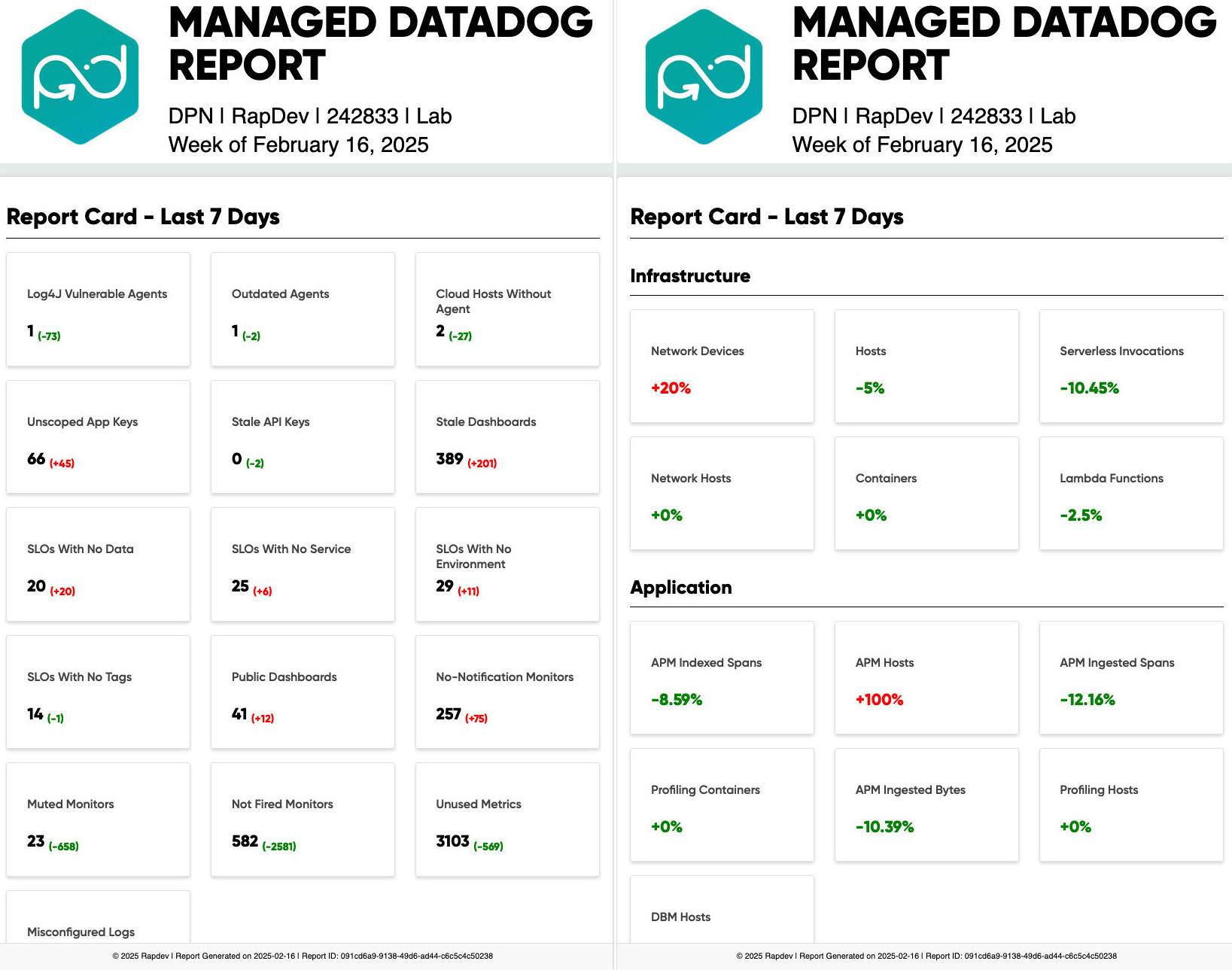 Managed Datadog Reports dashboard shown on a laptop mockup