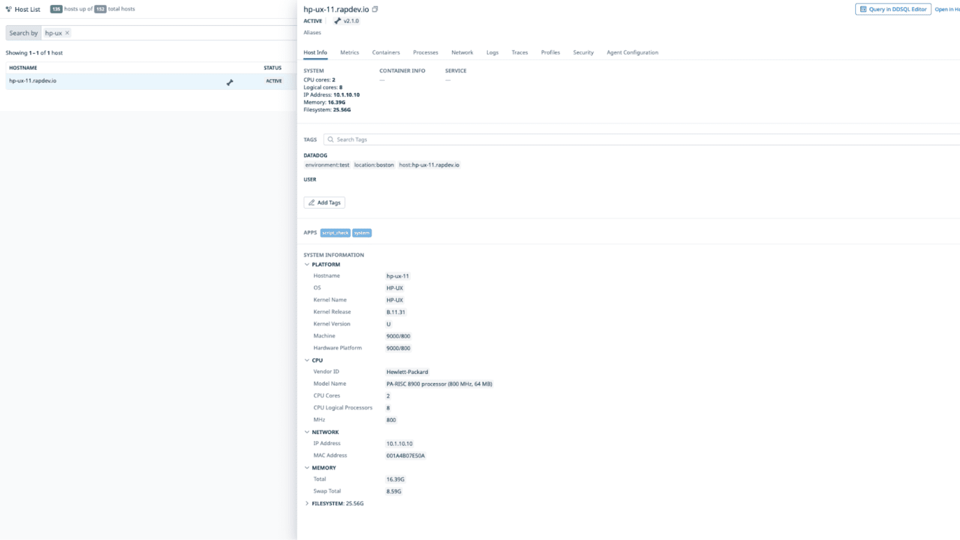 HP-UX integration dashboard screenshot