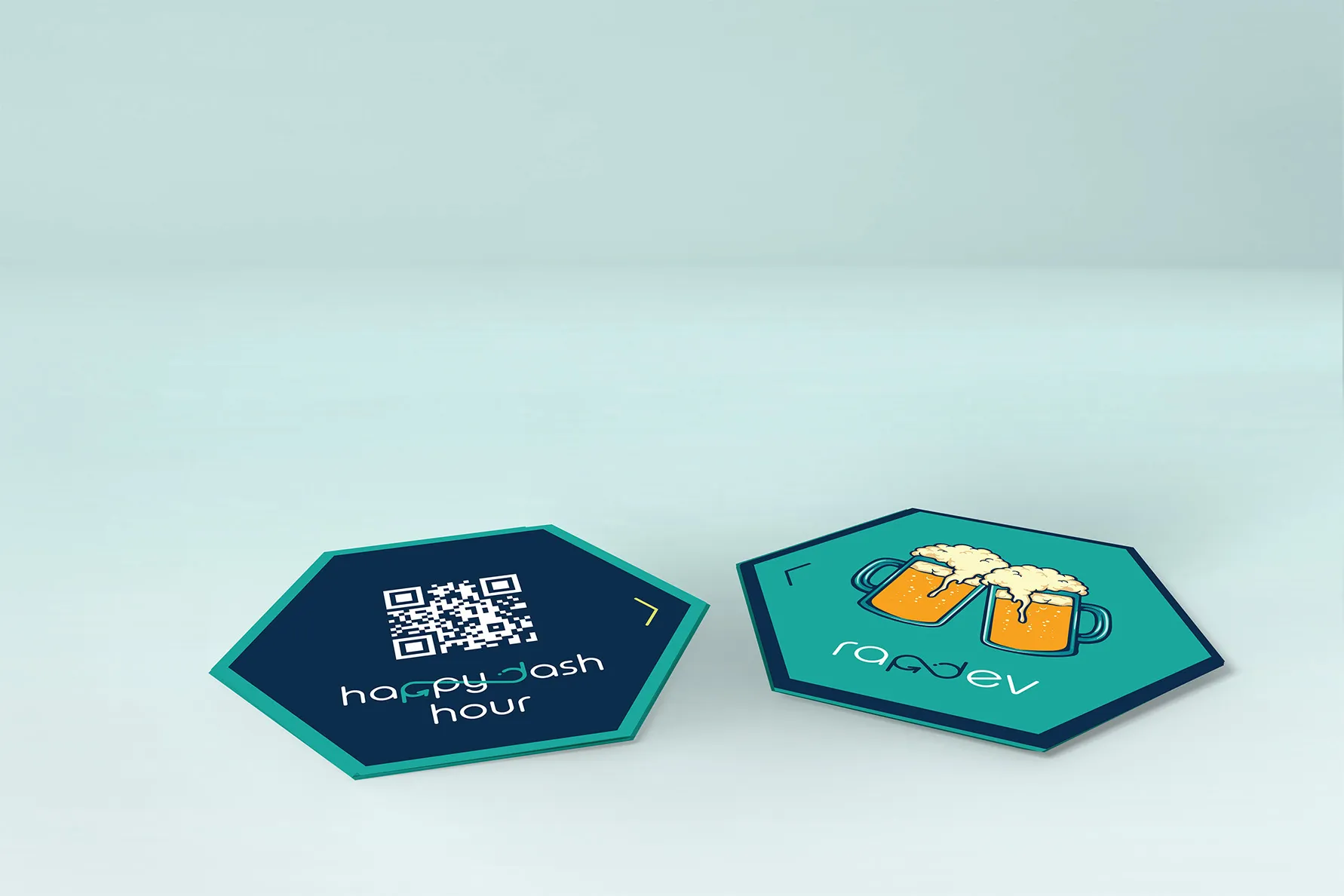 Two hexagonal coasters featuring a QR code and beer mugs illustration.