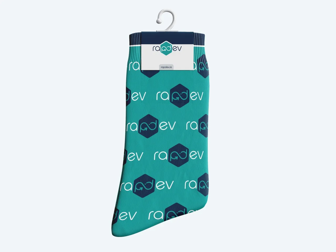 RapDev branded teal socks with a repeating logo pattern, displayed on a hanger.