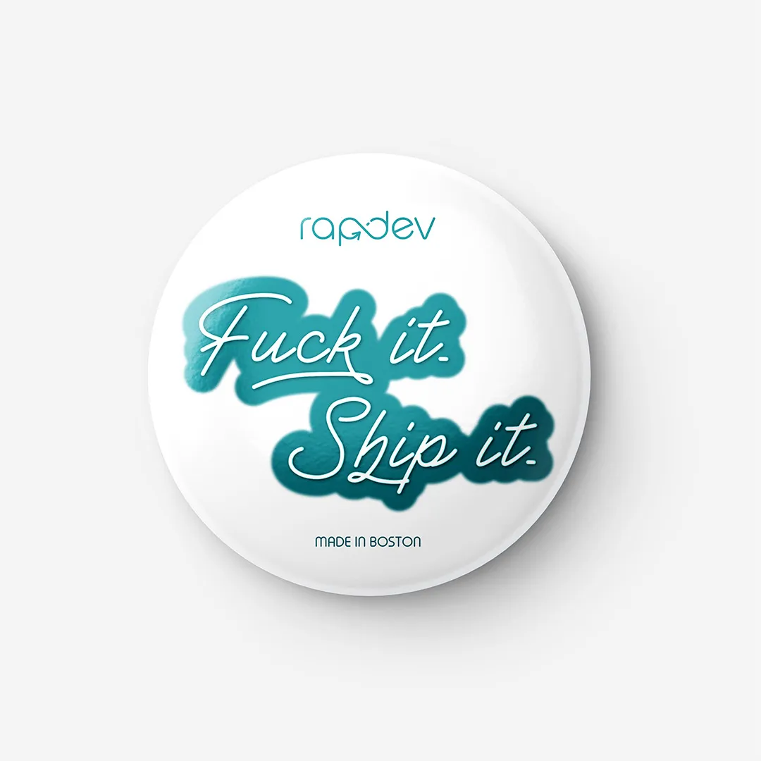 Mockup of a white RapDev branded enamel pin.