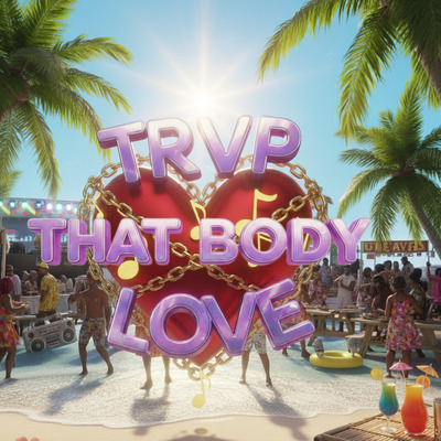 Beach party scene with people dancing under palm trees and large 3D text reading 'TRVP THAT BODY LOVE' over a chained heart and musical notes.