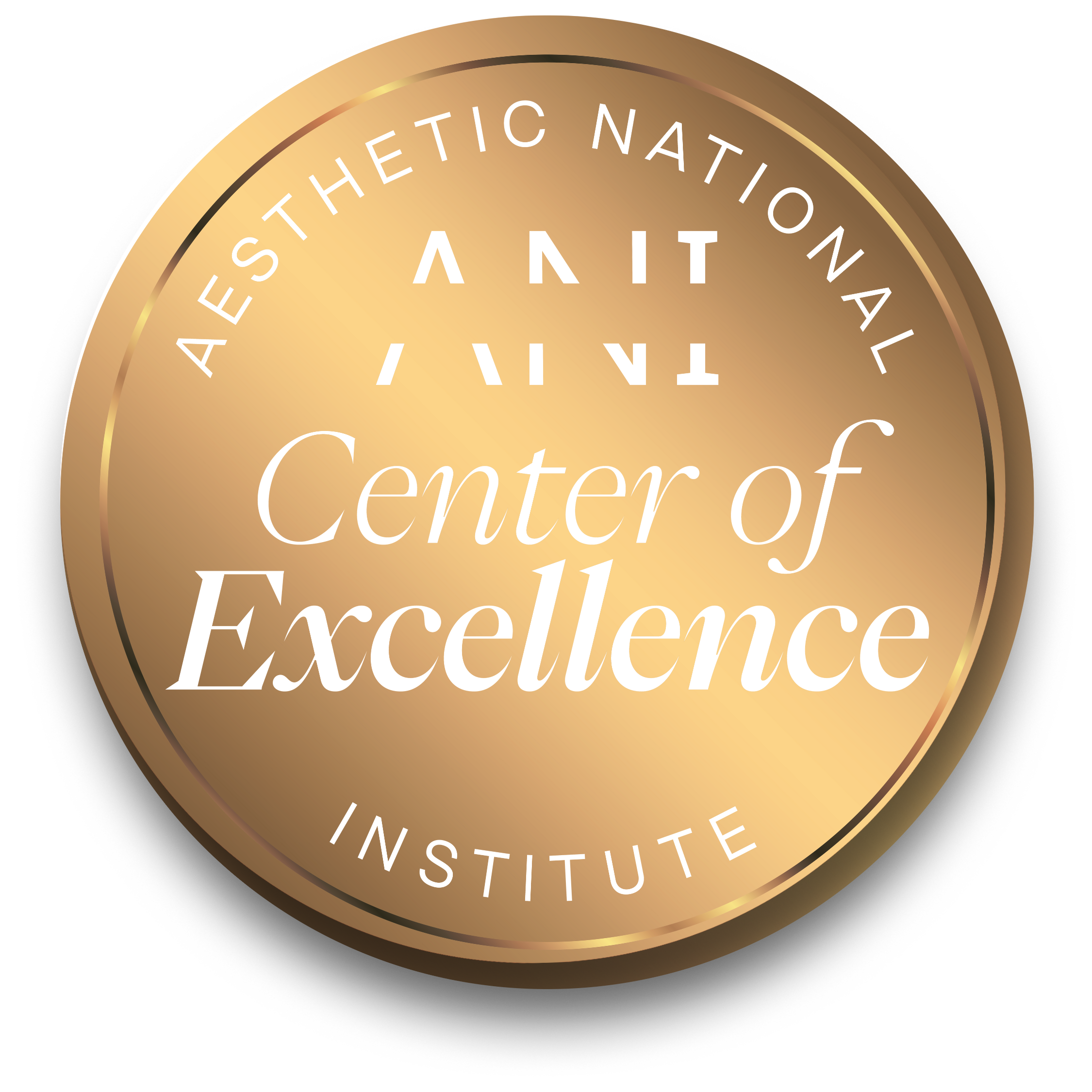 Gold circular seal with white text reading 'Aesthetic National Institute' around the edge and 'Center of Excellence' in the center.