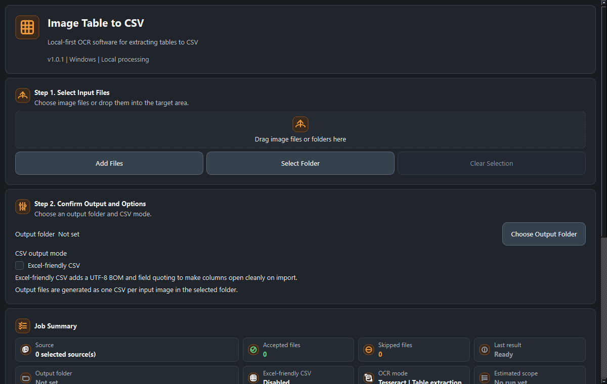 Image Table to CSV desktop interface