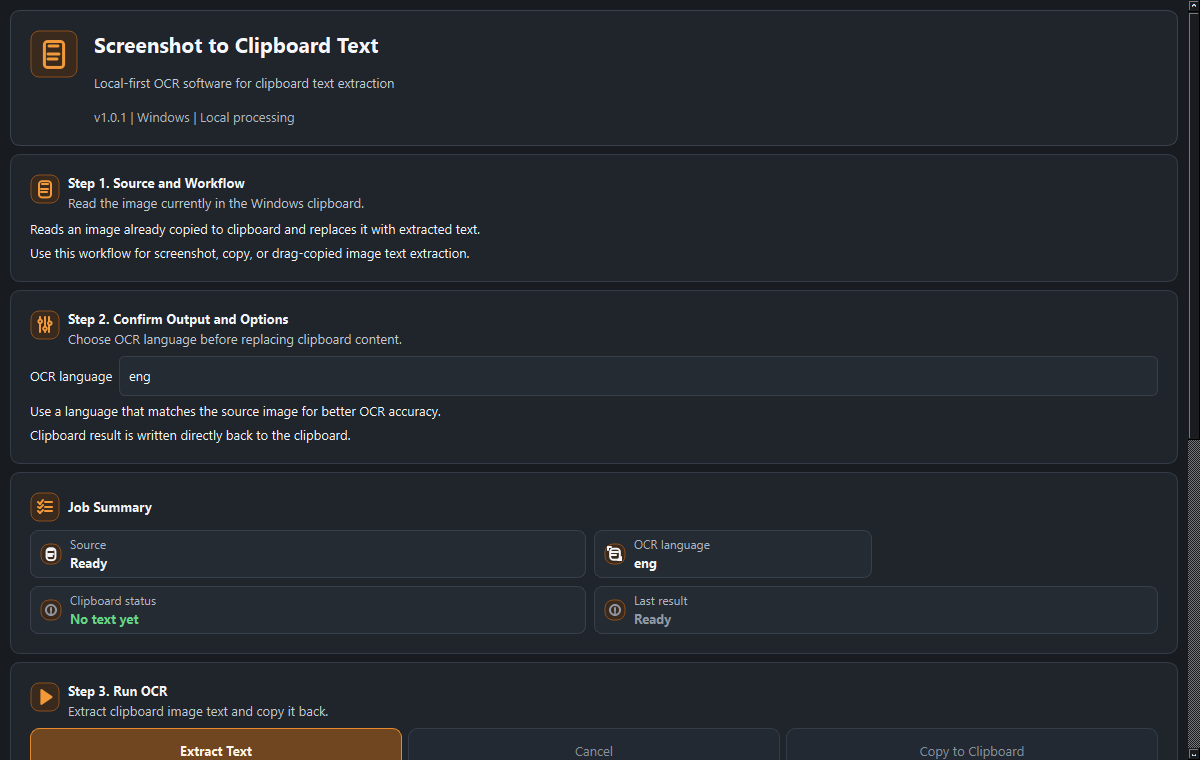 Screenshot to Clipboard Text desktop interface