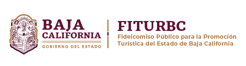 Logotipo de Baja California con escudo y texto de FITURBC, fideicomiso público para la promoción turística del estado.