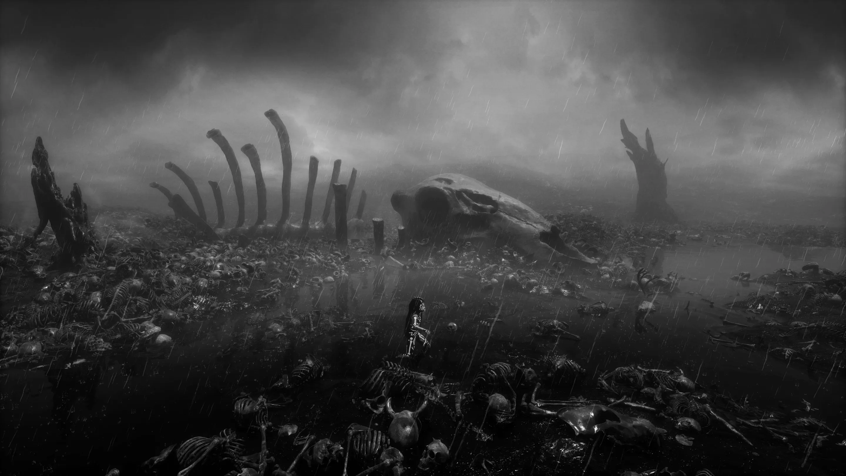 A child walking through a sea of bones