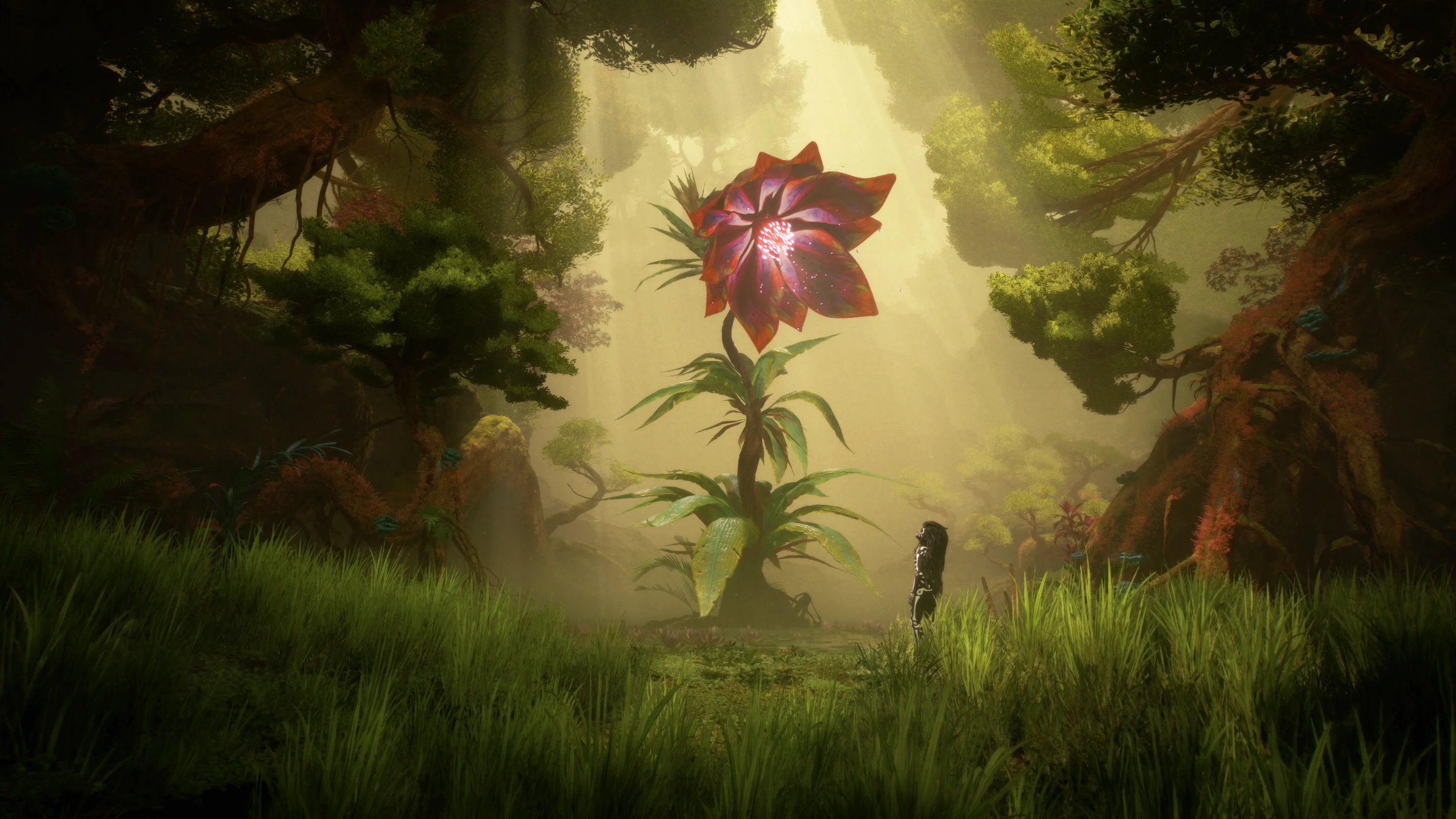 Child looking up at a giant magical flower in a surreal jungle