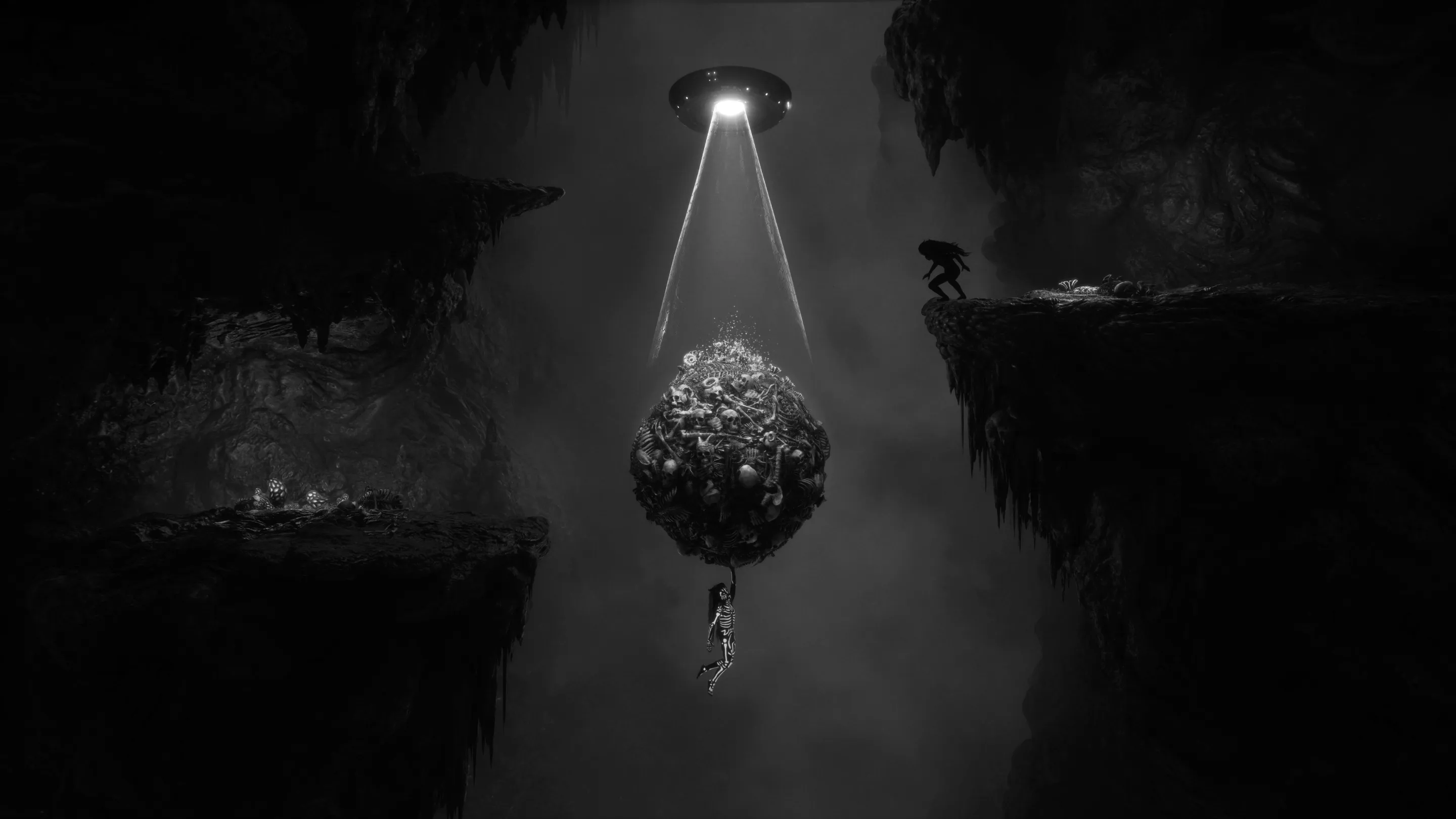 Child hanging from a floating ball of bones carried by a drone