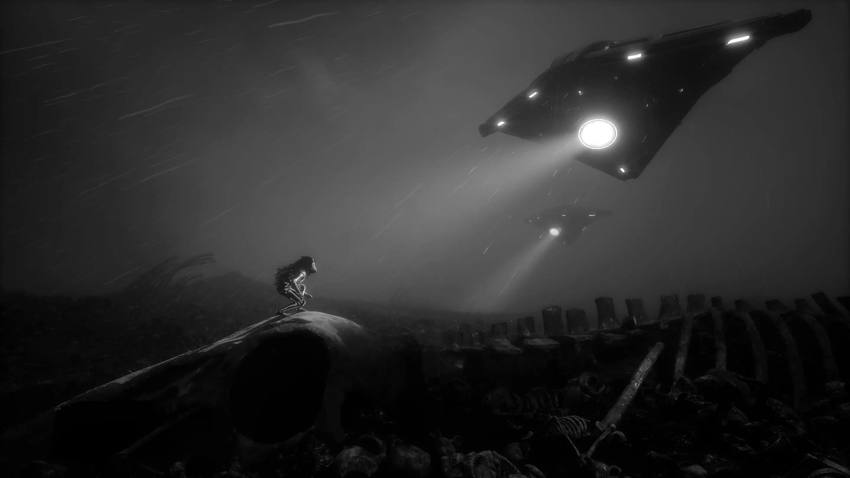 Child in the spotlight of a hovering sci-fi drone