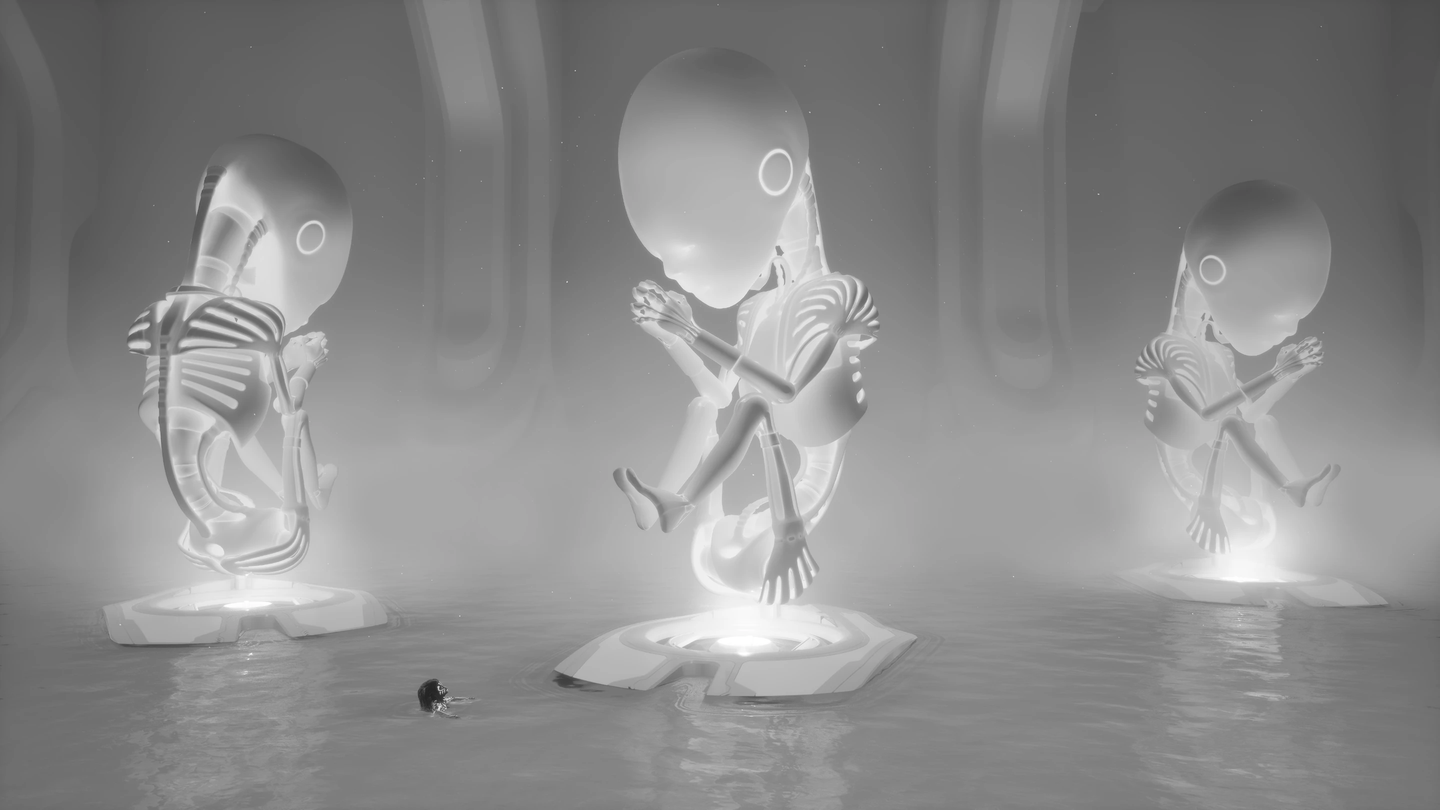 Child floating in space while giant hands reach for it