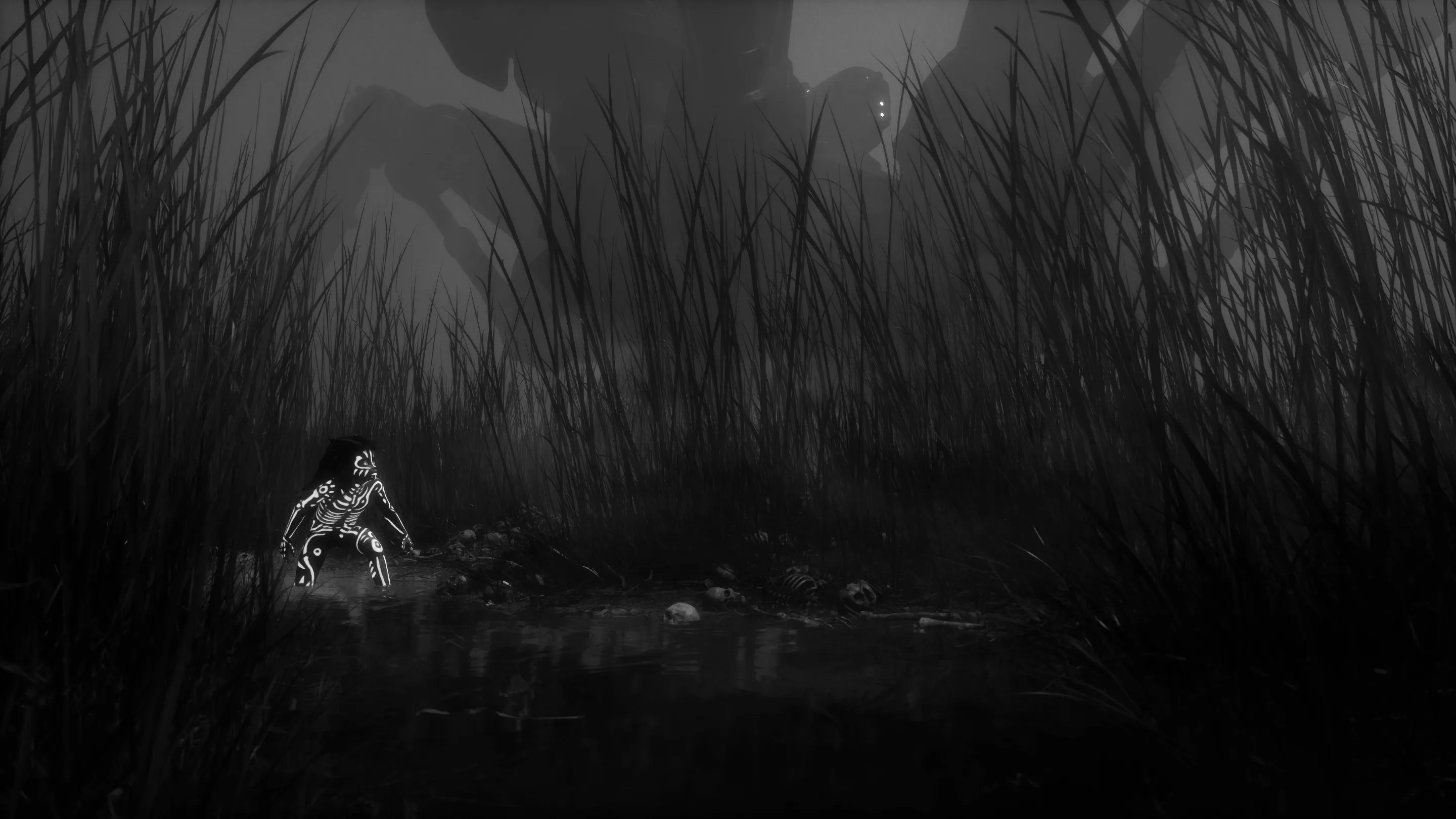 A child walking through a sea of bones