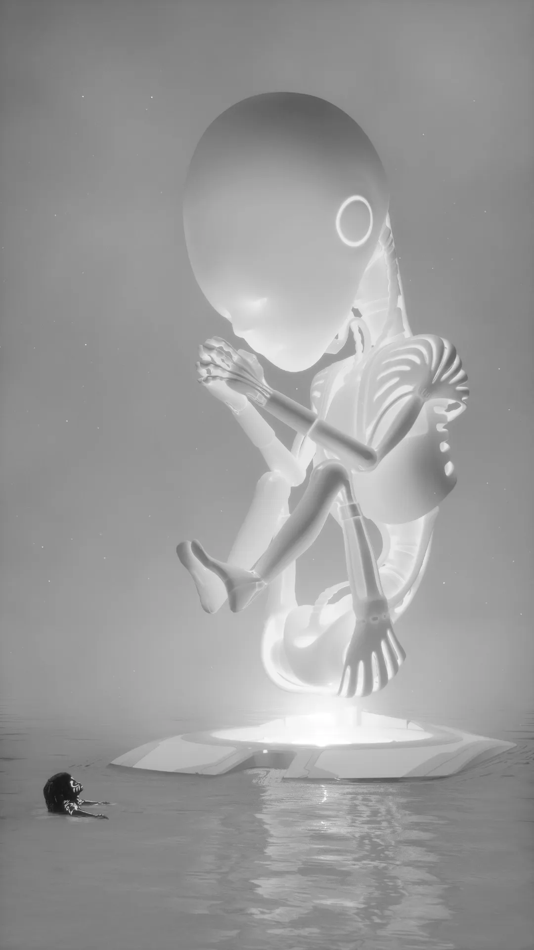 Child floating in space while giant hands reach for it