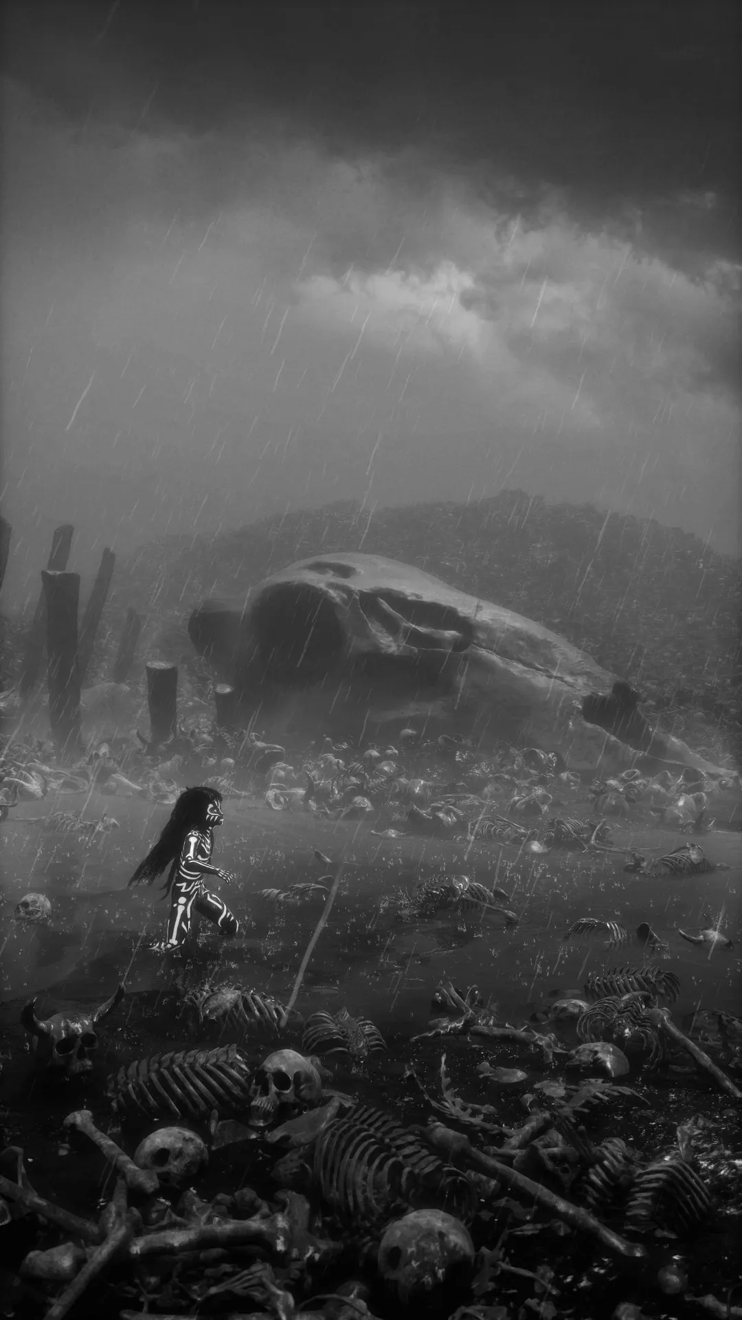 A child walking through a sea of bones