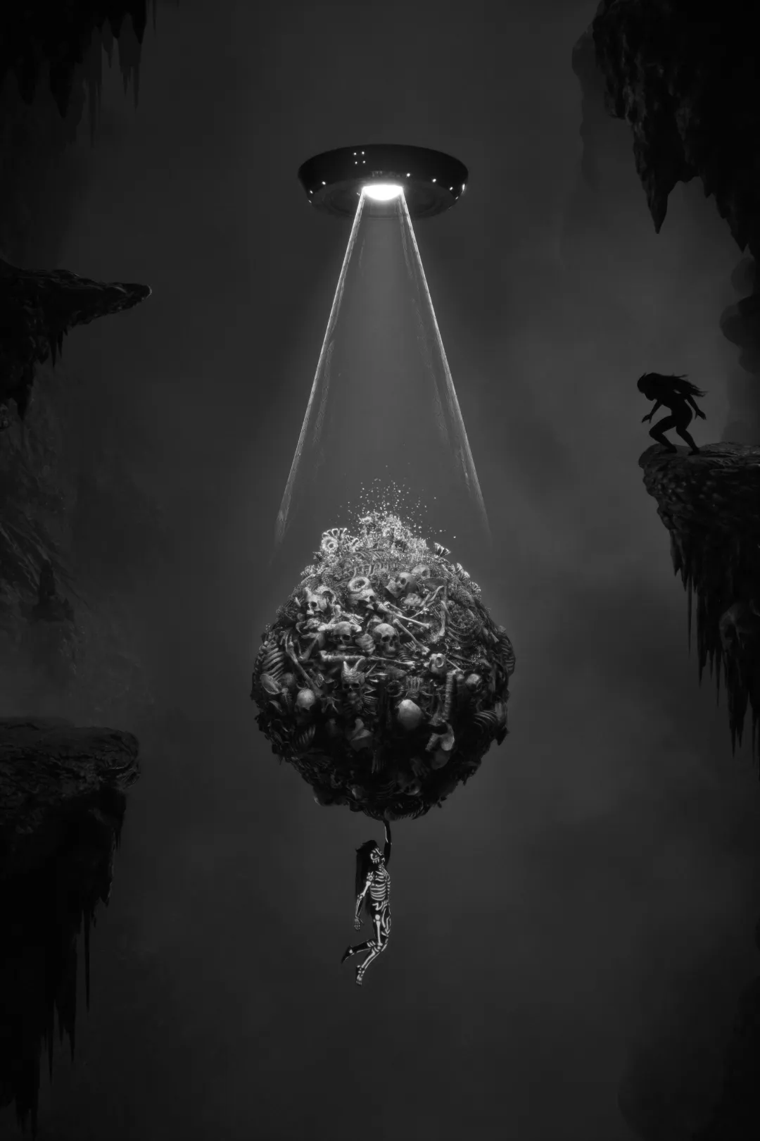 Child floating in space while giant hands reach for it