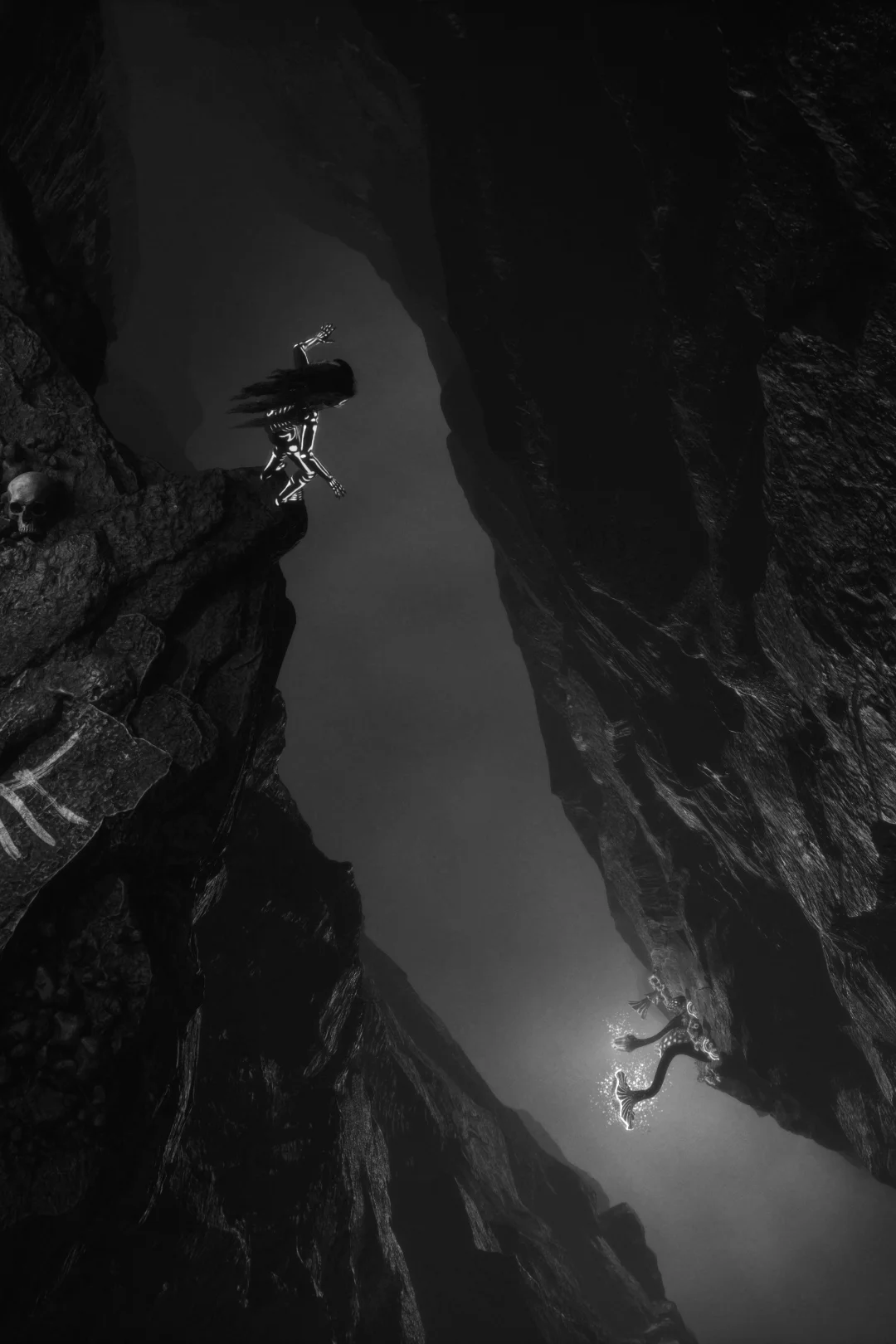 Child floating in space while giant hands reach for it