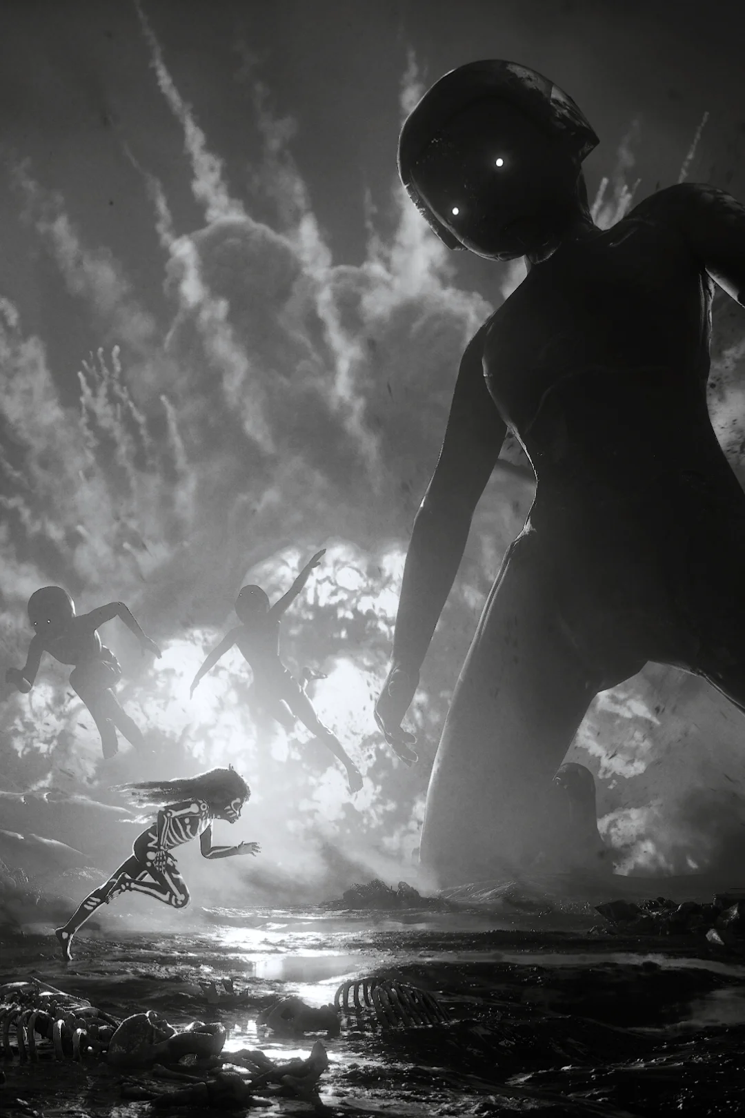 Child floating in space while giant hands reach for it