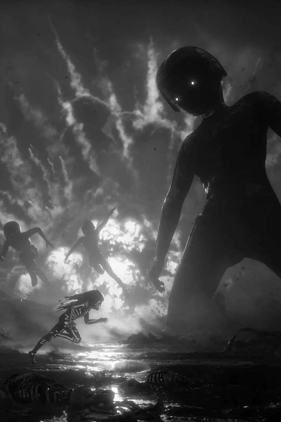 Child floating in space while giant hands reach for it