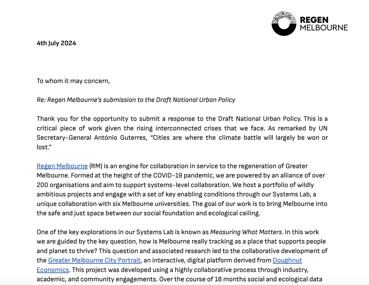 Draft National Urban Policy - Regen Melbourne Submission