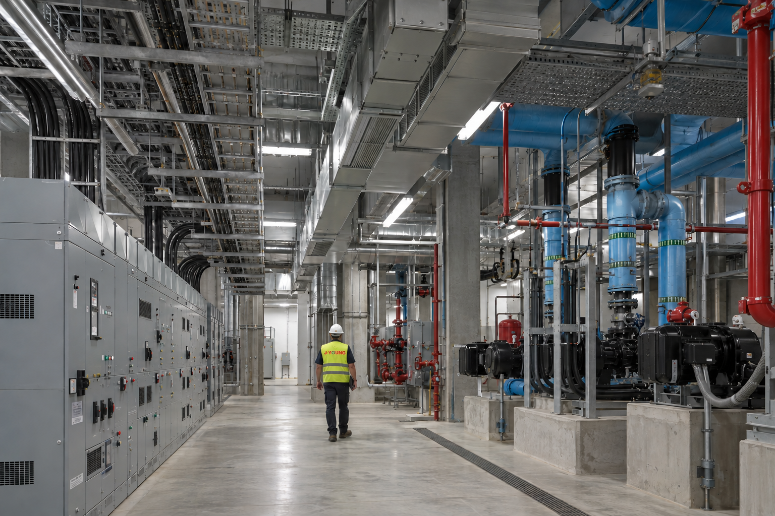 Integrated electrical and mechanical systems in a completed industrial plant room