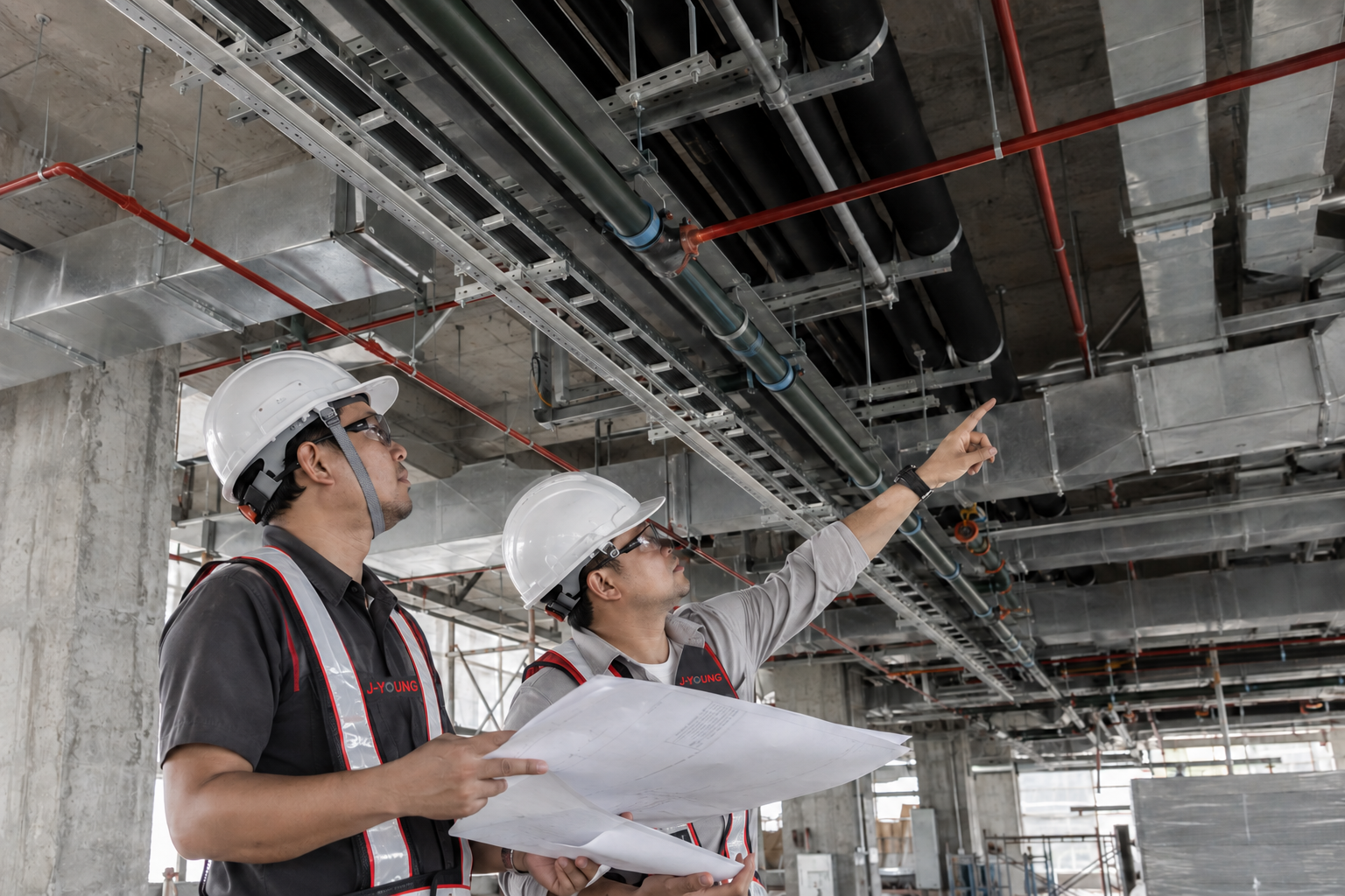 MEP engineers coordinating cable trays ductwork and piping on site