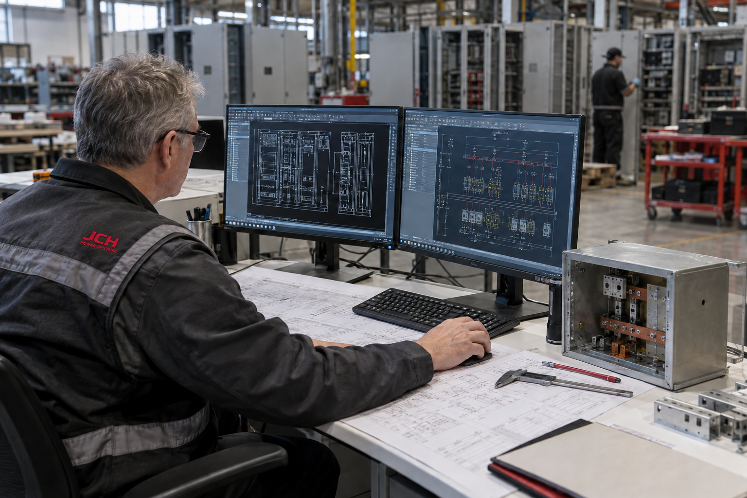 Electrical design engineer reviewing switchgear drawings beside a fabrication floor