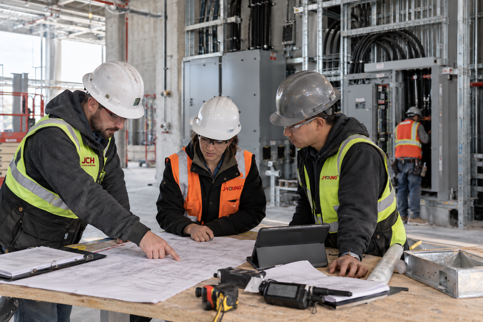 Project team coordinating an electrical installation at an industrial construction site