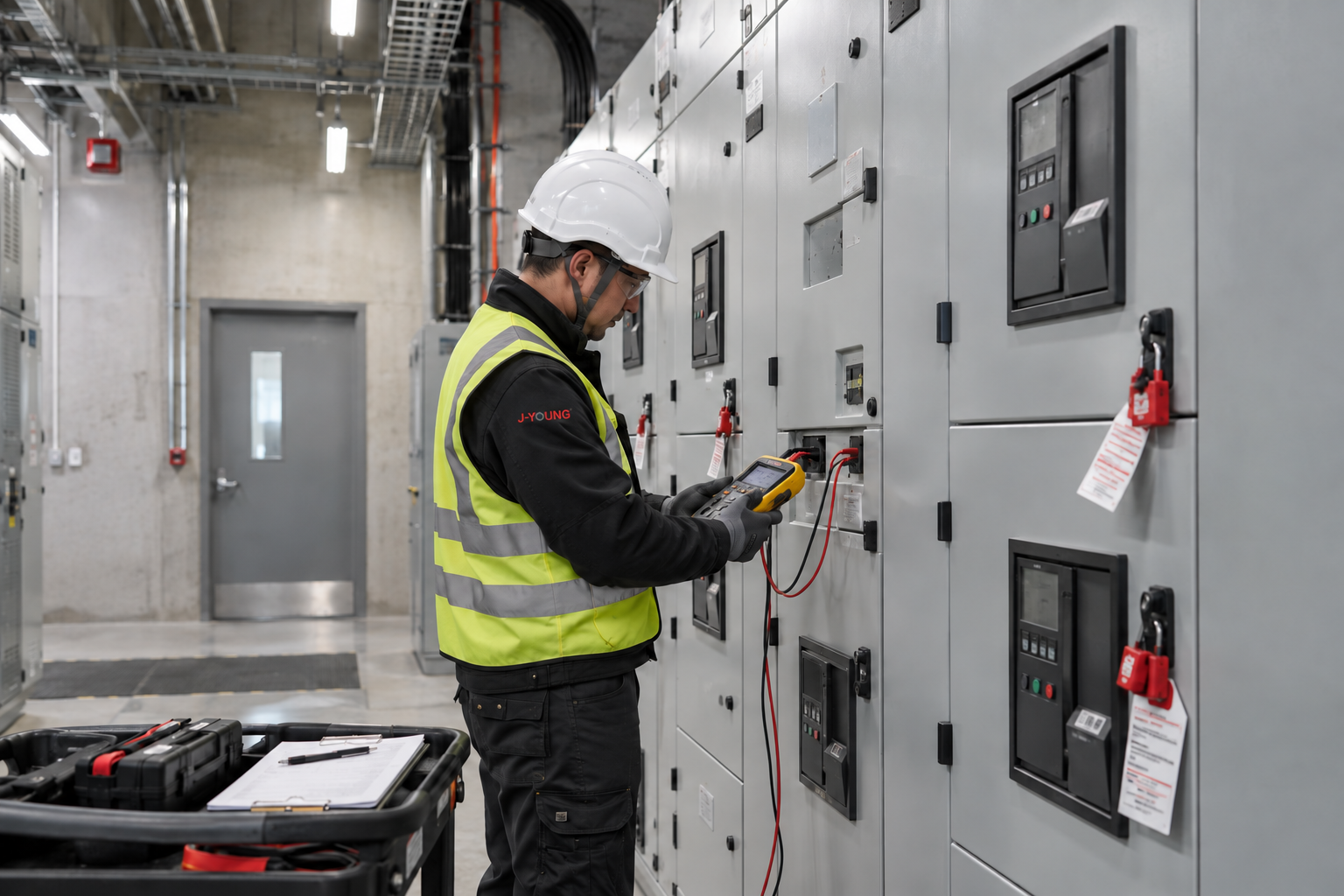 Commissioning technician testing a completed low-voltage switchgear lineup