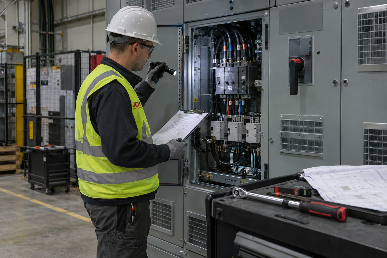 Electrical quality inspector reviewing switchgear construction and compliance documentation