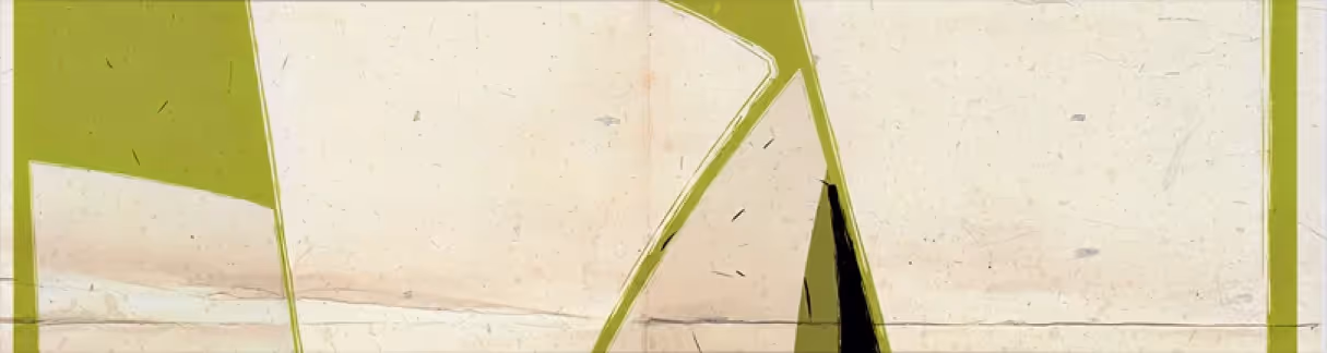 Abstract art with irregular green and beige shapes on a textured background.