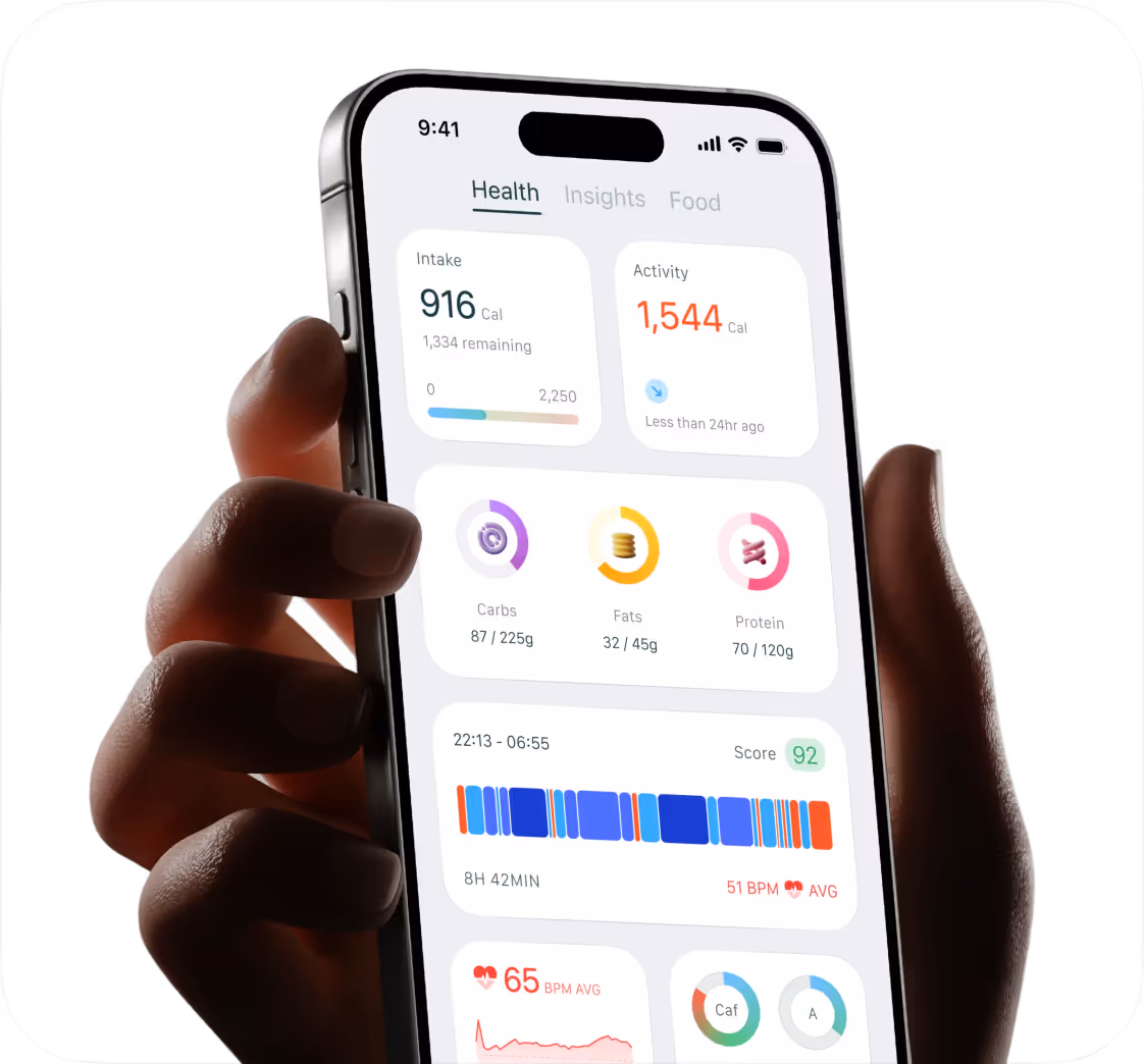 Hand holding a smartphone displaying a health tracking app showing calorie intake and activity, macronutrient breakdown, sleep data, and heart rate information.