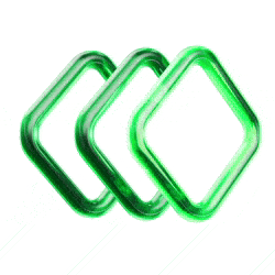 Three green glowing diamond shapes arranged in a diagonal row on white background.