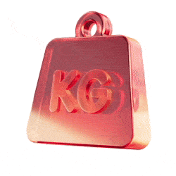 Rotating red metallic weight with 'KG' embossed on its front.