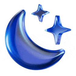 Shiny blue crescent moon with two stylized stars on a white background.