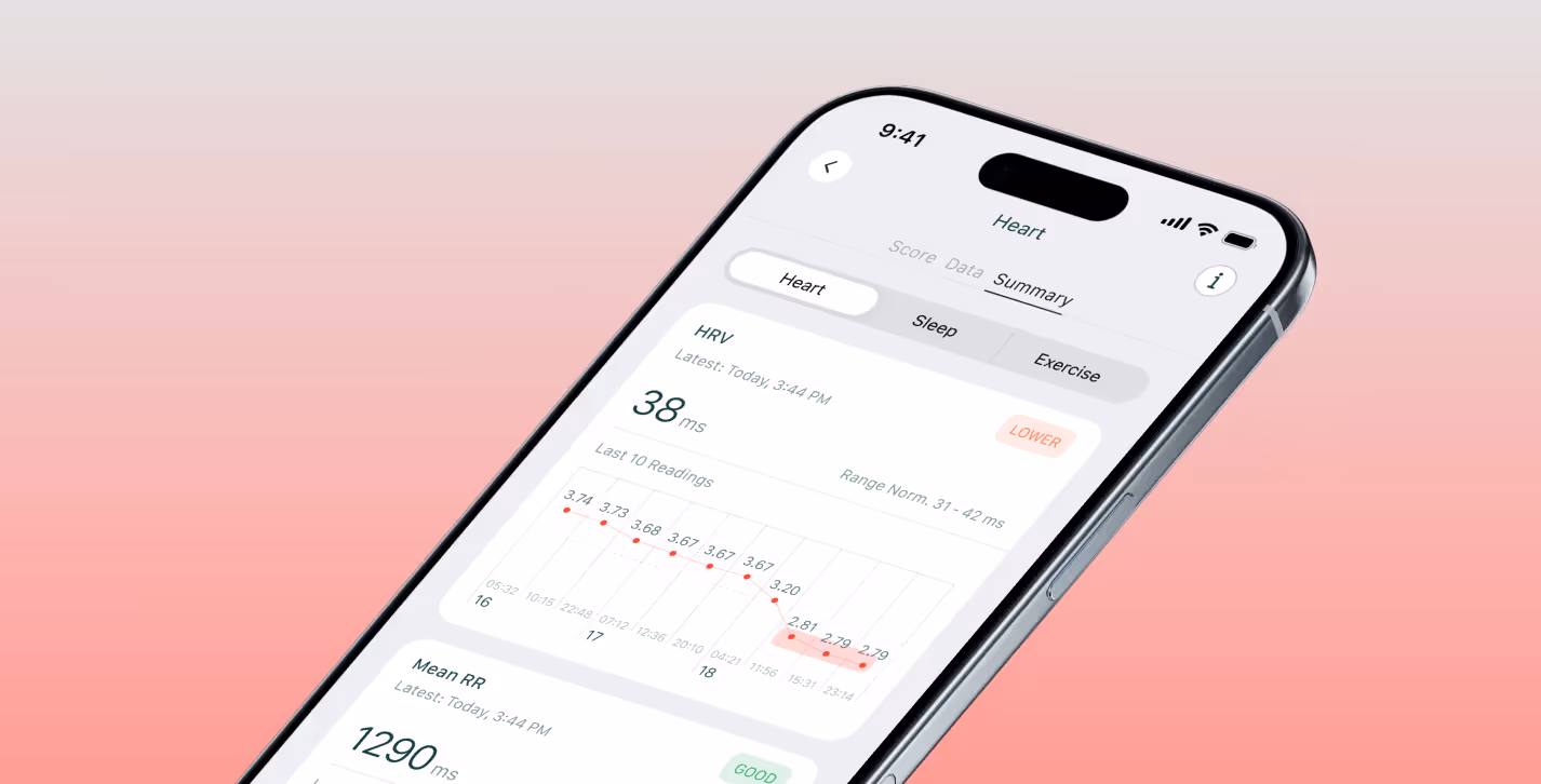 Smartphone screen displaying a heart health app with HRV and mean RR measurements, including a graph and status indicators.