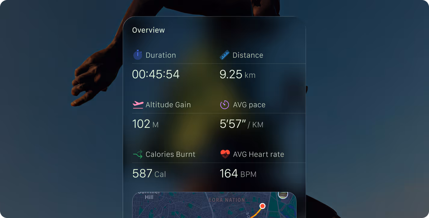 Fitness tracker showing 45 minutes and 54 seconds duration, 9.25 km distance, 102 meters altitude gain, 5 minutes 57 seconds per km average pace, 587 calories burnt, and 164 BPM average heart rate.