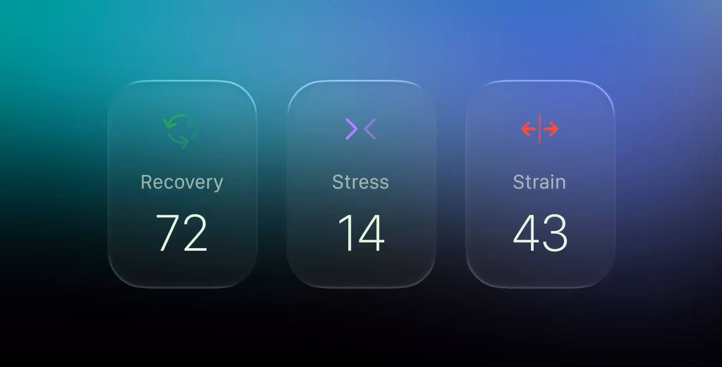 Digital display showing health scores with Recovery at 72, Stress at 14, and Strain at 43 on a blue-green gradient background.