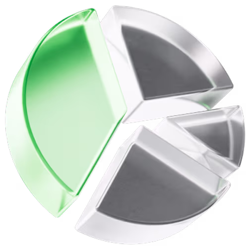 3D pie chart with one green segment separated from three silver segments.