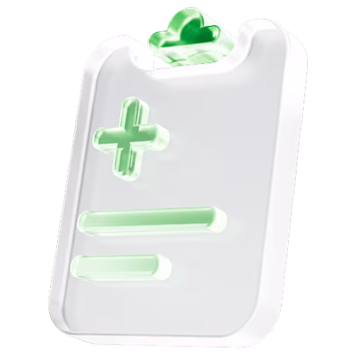 3D white clipboard icon with green medical cross and lines, symbolizing health or medical notes.